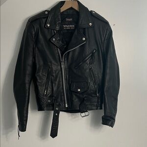 Wilson Black Leather Motorcycle Moto Jacket with Belt
